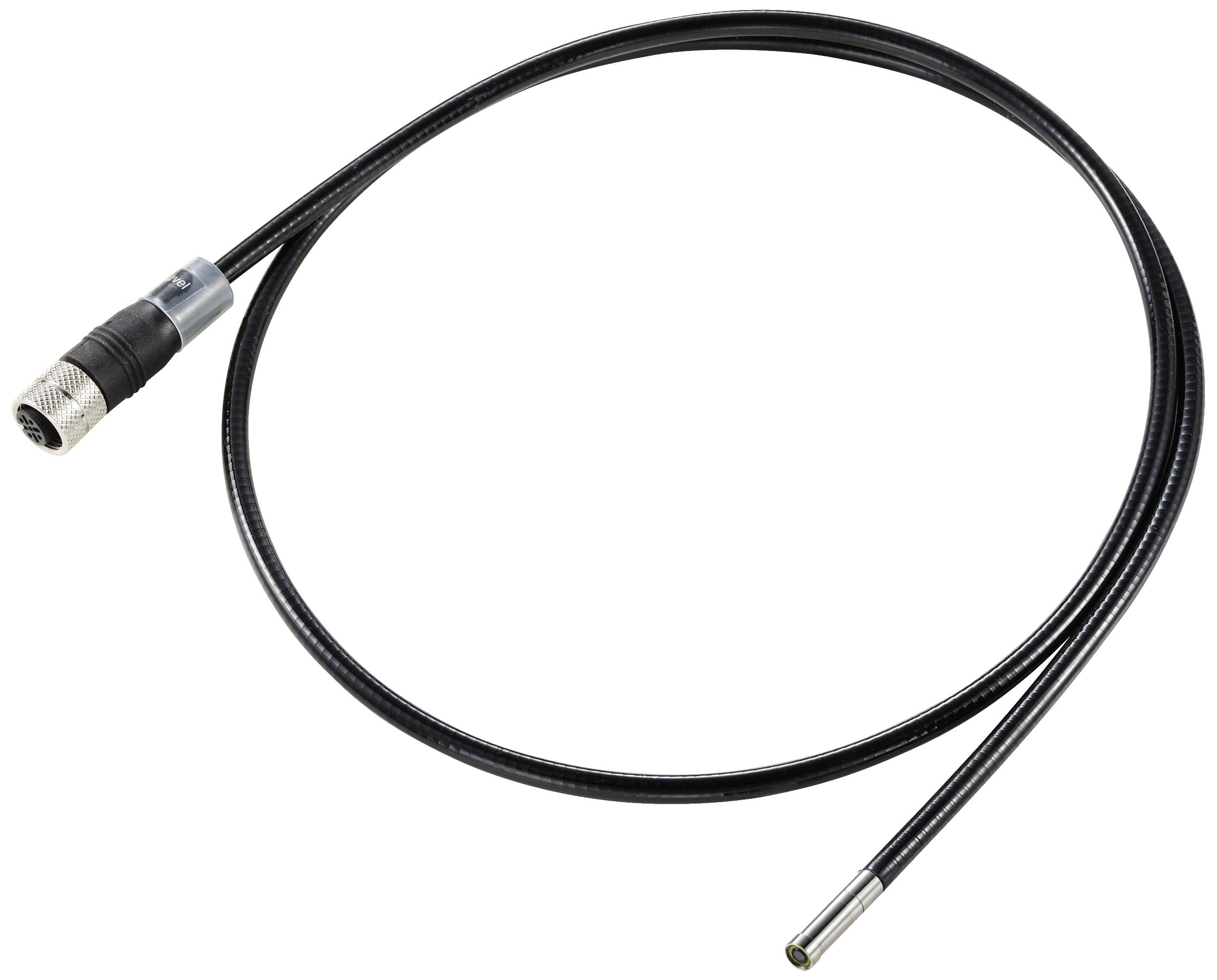 Een zwart kabel met een metalen stekker en een cilindrische component aan het uiteinde, mogelijk een coaxkabel.