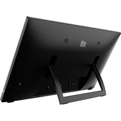 Een zwarte monitor van achteren met een stabiel voetstatief en aansluitingen. Het 'Elo' logo is bovenaan zichtbaar.