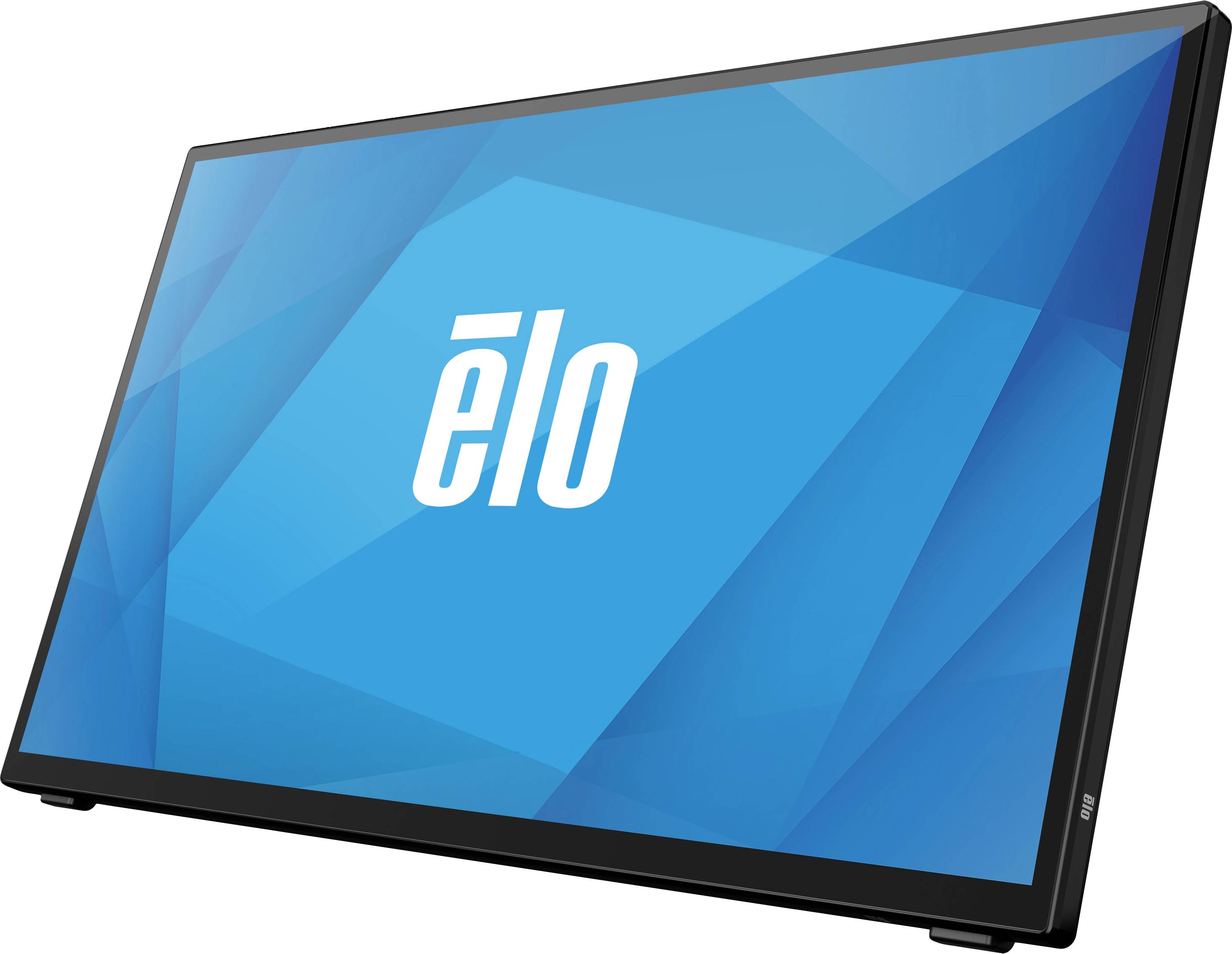 Een zwarte monitor met een blauw scherm toont het 'elo'-logo in witte letters.