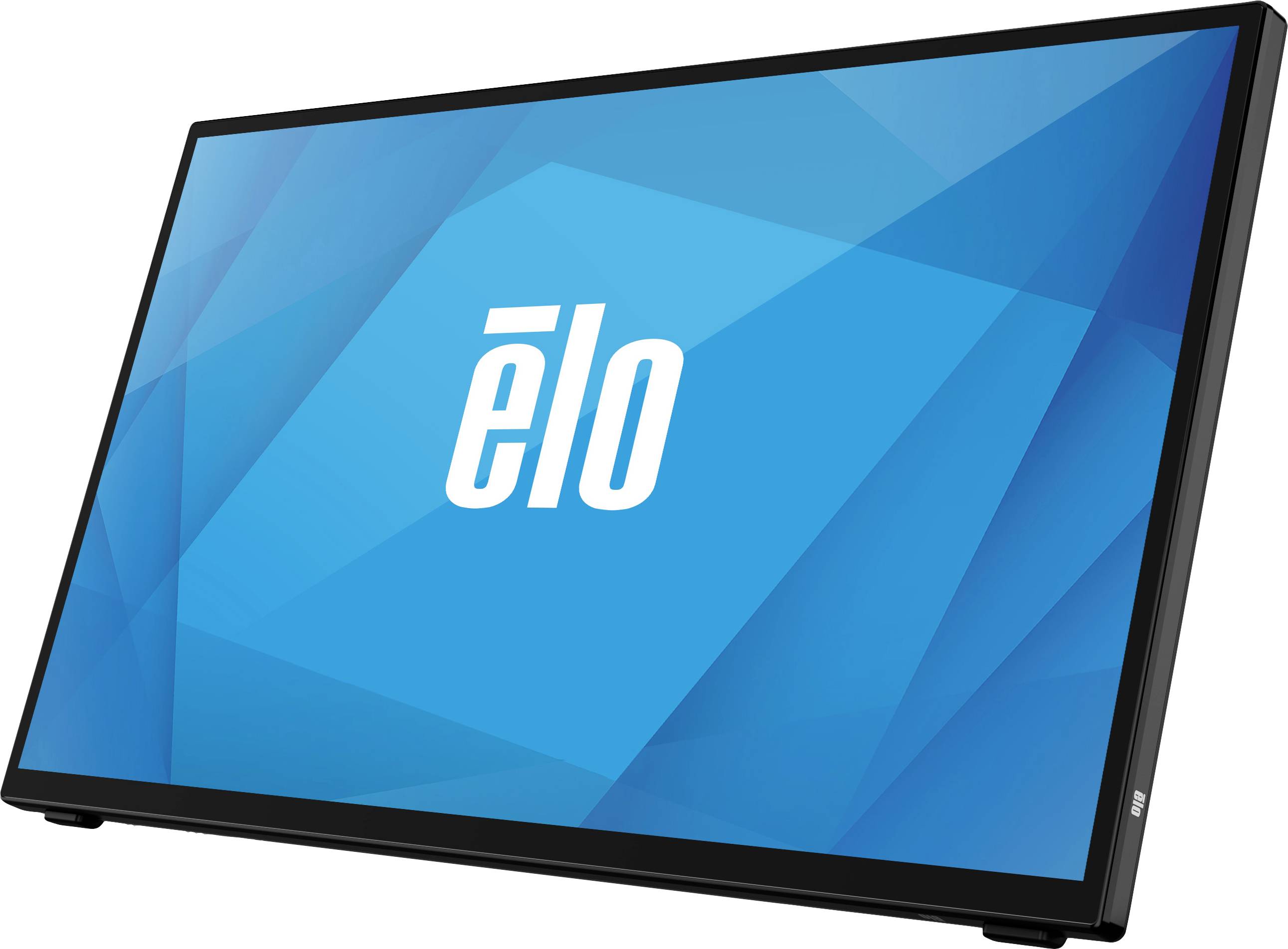 Blauwe scherm met het witte 'elo'-logo in het midden, op een modern, zwart frame.