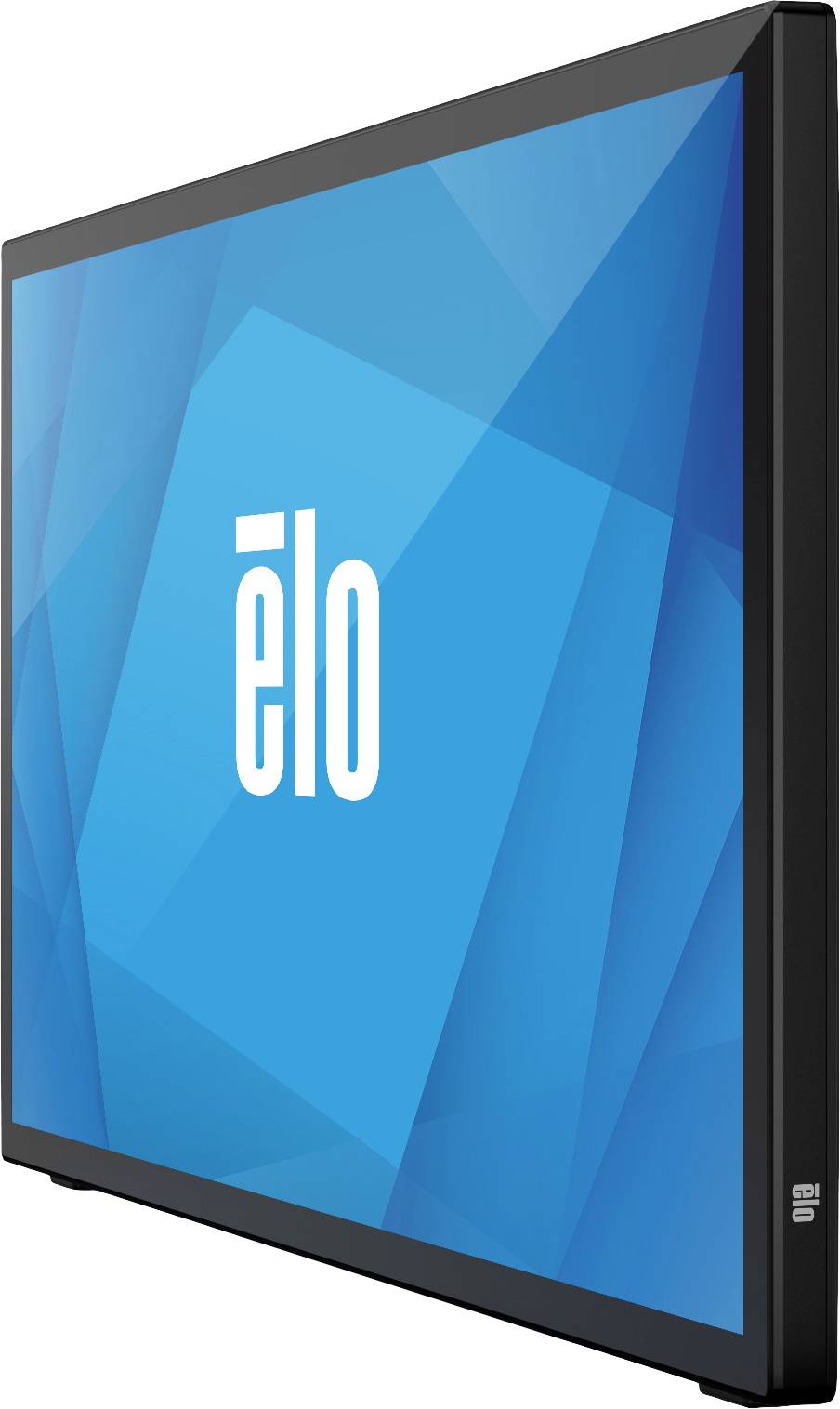 Een schuin gefotografeerde computermonitor met een blauwe achtergrond en het witte logo "e'lo" op het scherm.