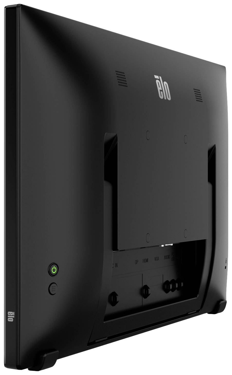 Achterkant van een zwarte monitor met knoppen en aansluitingen aan de onderkant, geschikt voor kantoor- of bedrijfsomgeving.