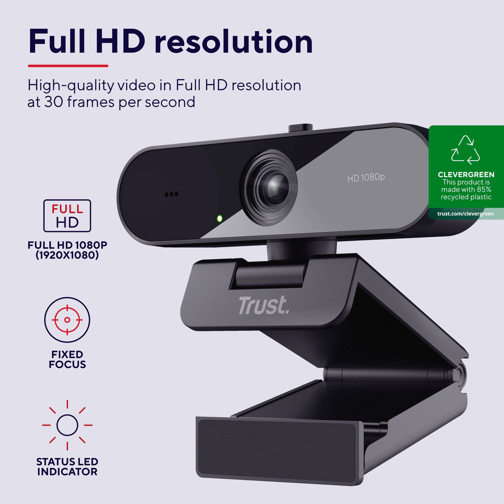 Webcam met Full-HD-resolutie en 30 beelden per seconde. LED-indicator en een verstelbare klem. Merknaam 'Trust'. Ideaal voor videogesprekken.