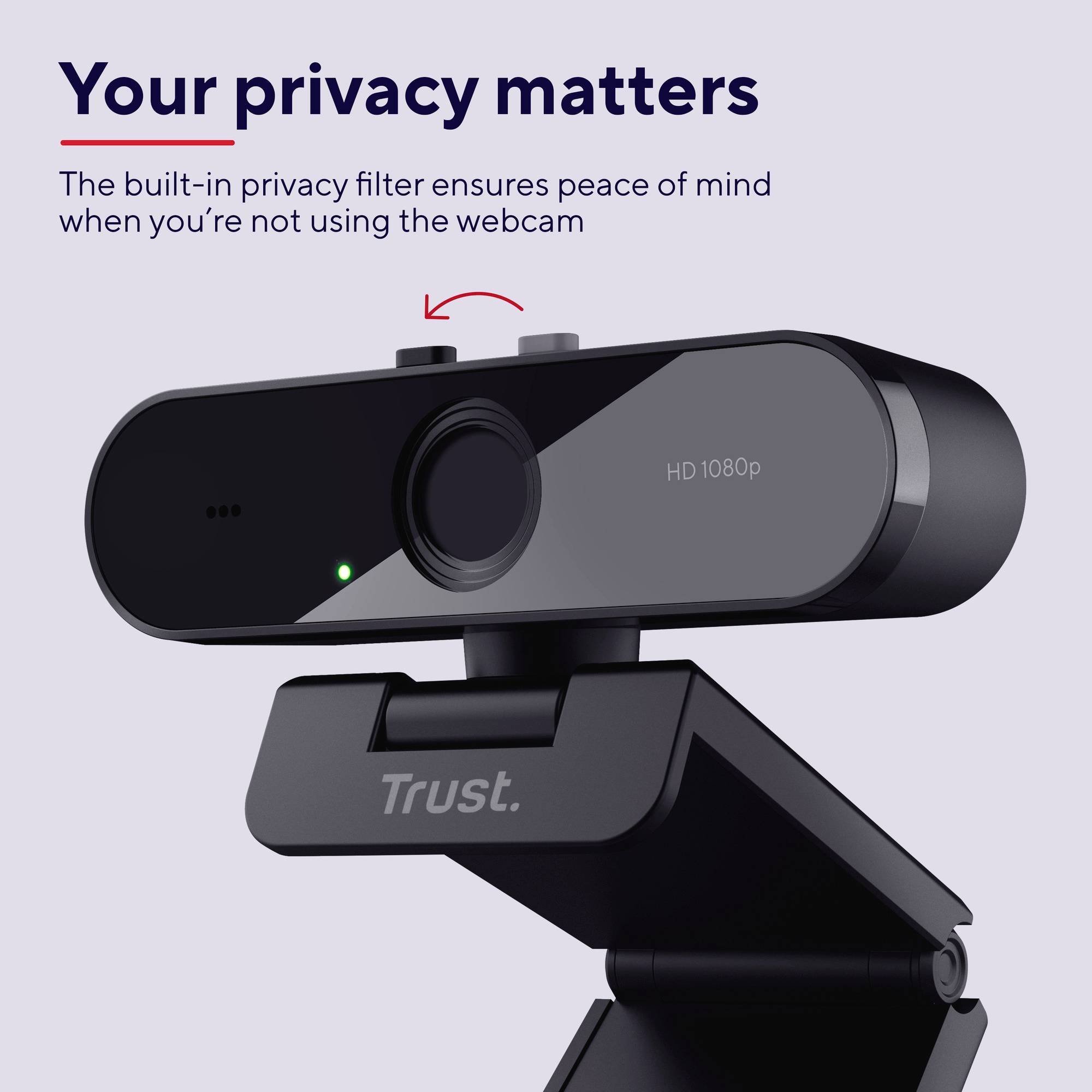 Een webcam met geïntegreerd privacyscherm. De tekst bovenaan luidt: 'Jouw privacy is belangrijk'.
