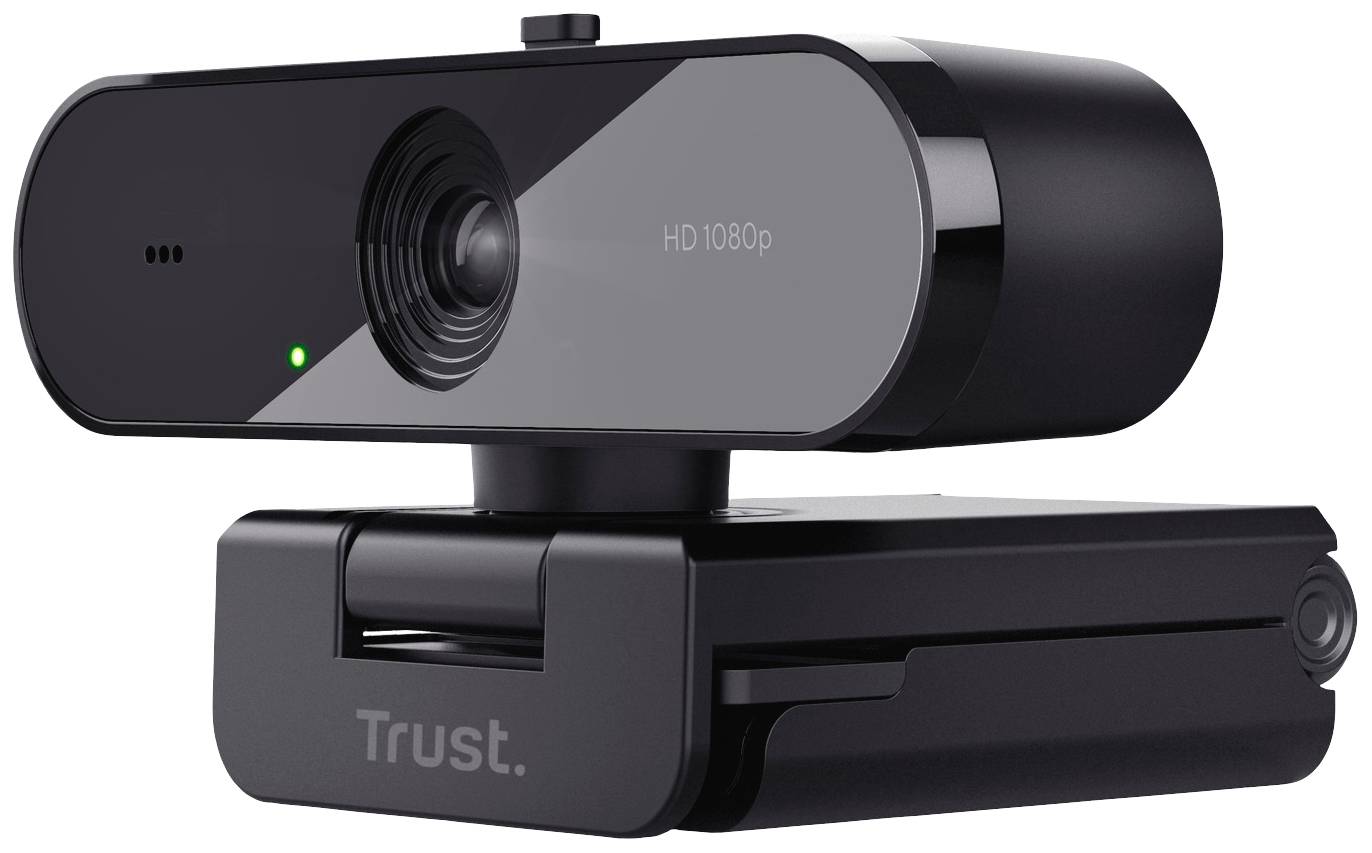 Zwarte HD-webcam met 1080p-resolutie en ingebouwde microfoon, gemonteerd op een verstelbare standaard.