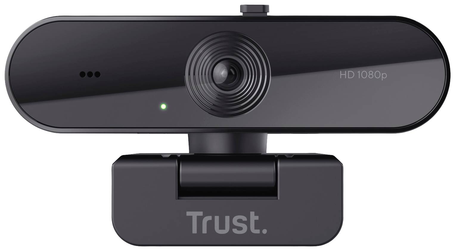 Een zwarte webcam met de aanduiding 'HD 1080p' en een groen licht. De houder draagt het merknaam 'Trust'.