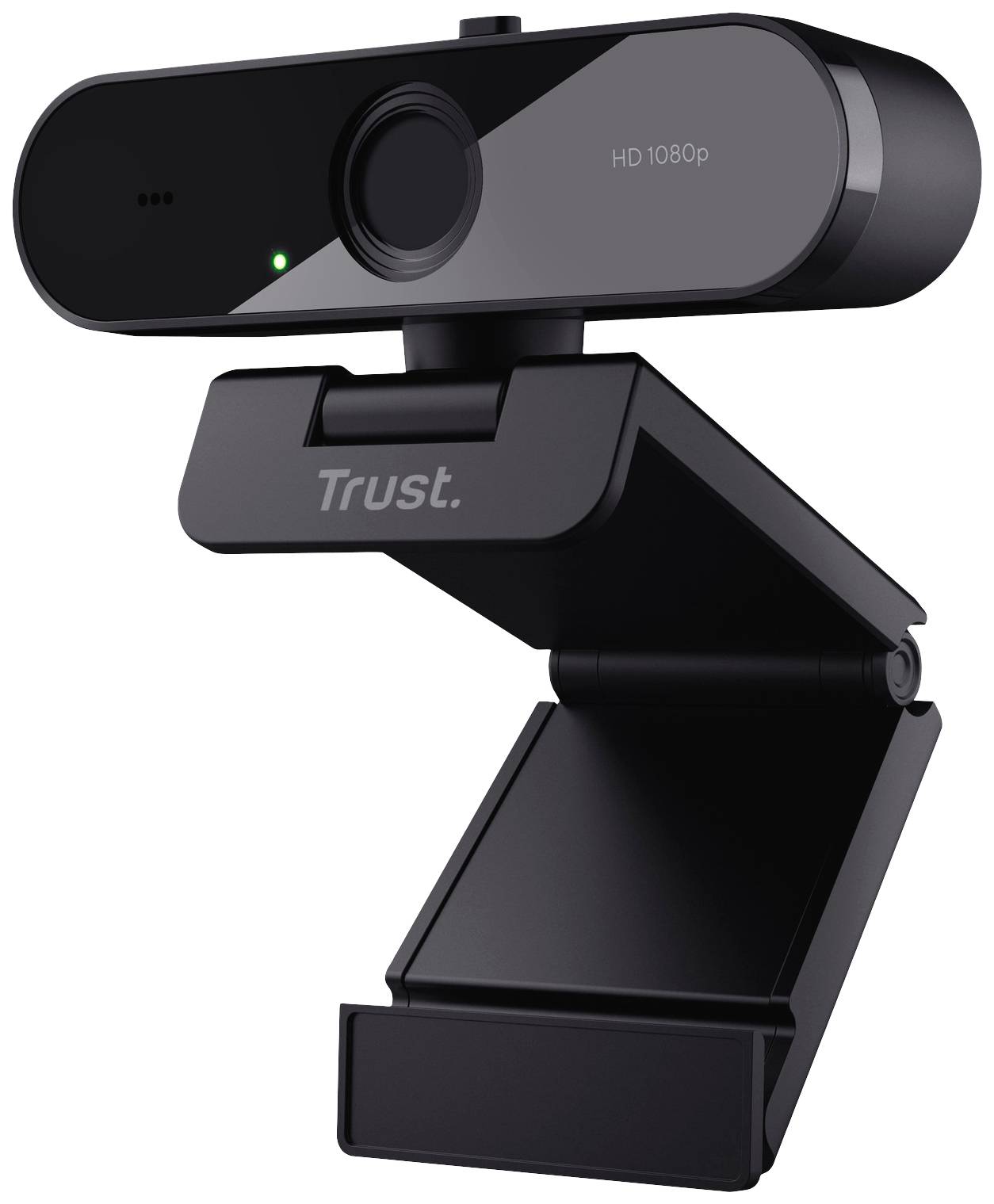 Zwarte webcam met HD 1080p-resolutie, gemonteerd op een flexibele standaard. 'Trust'-markering op de standaard.