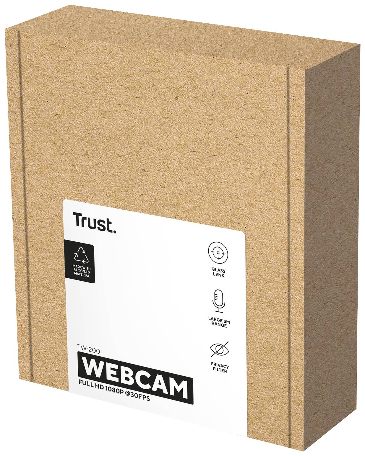Een bruine verpakking met de opdruk 'Trust Webcam TW-200'. Details: Full HD 1080p @30FPS, glazen lens, groot gezichtsveld, privacyfilter.