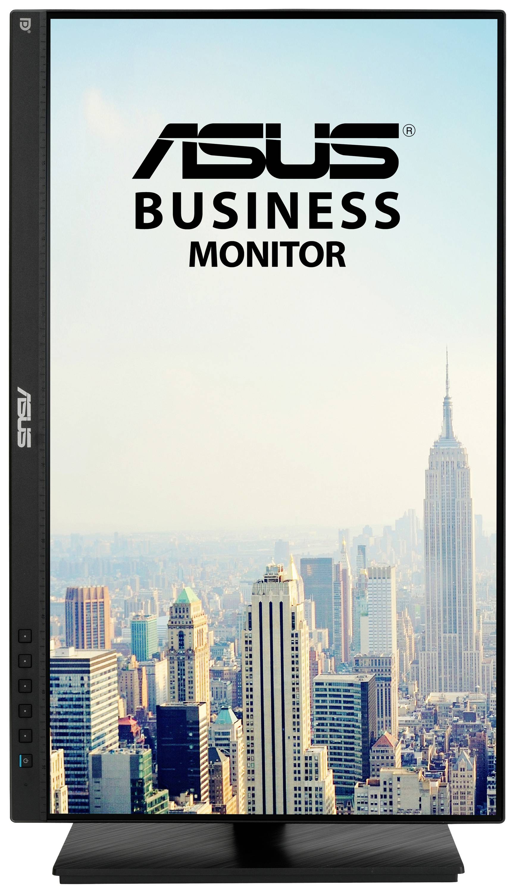 'ASUS Zakelijke Monitor' met verticaal zicht op wolkenkrabbers in een stadslandschap.