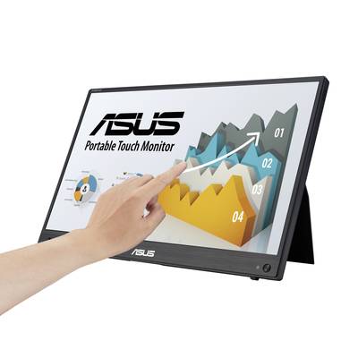 Een draagbare touchmonitor met een hand die wijst naar een grafisch dashboard met stijgende grafieken.