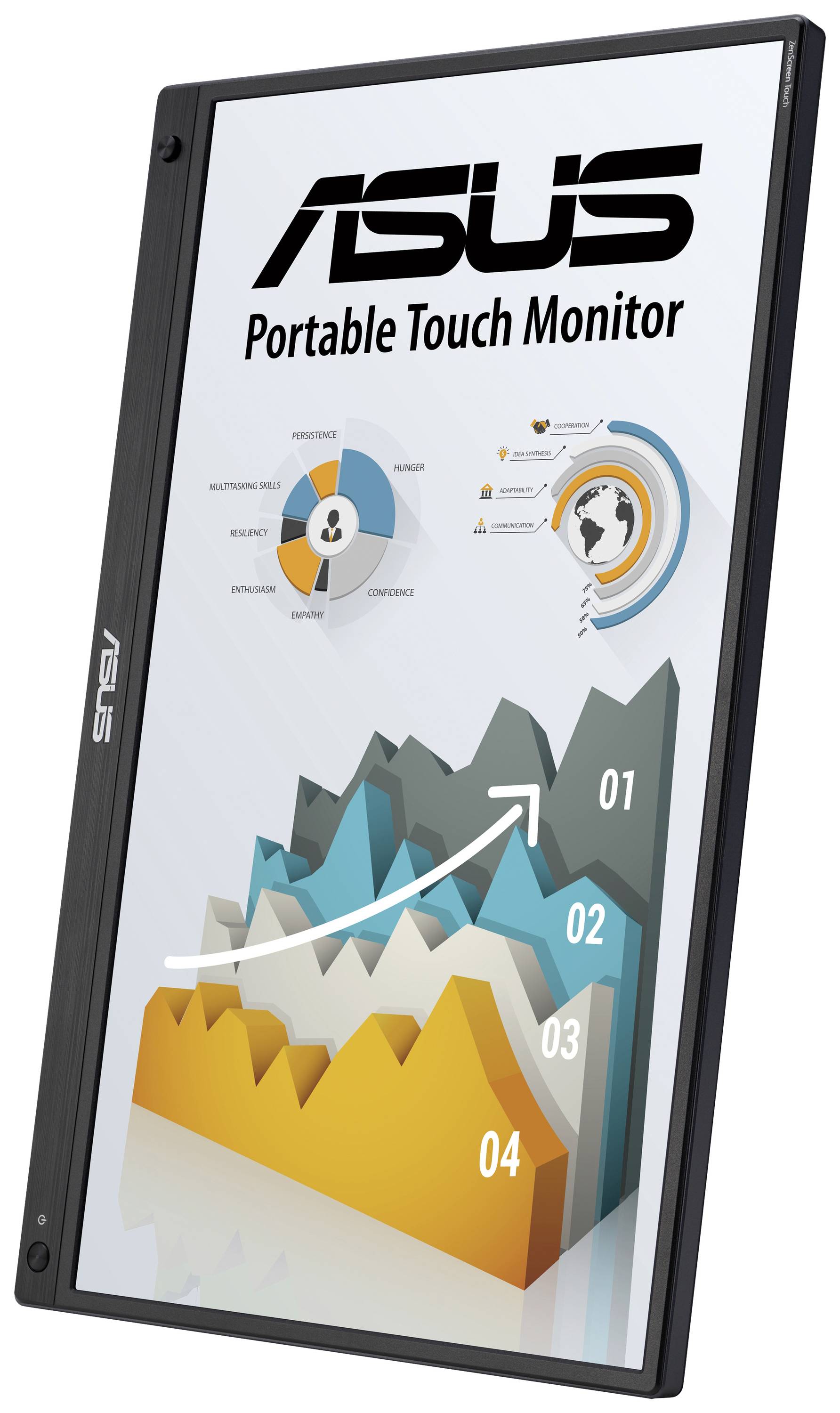Verticale ASUS touchscreen-monitor toont een 3D-diagram met vier datapunten en een infografisch element bovenaan.