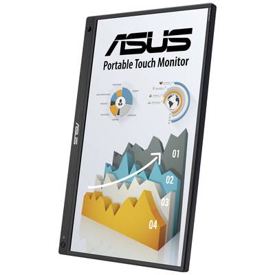 Verticale ASUS touchscreen-monitor toont een 3D-diagram met vier datapunten en een infografisch element bovenaan.