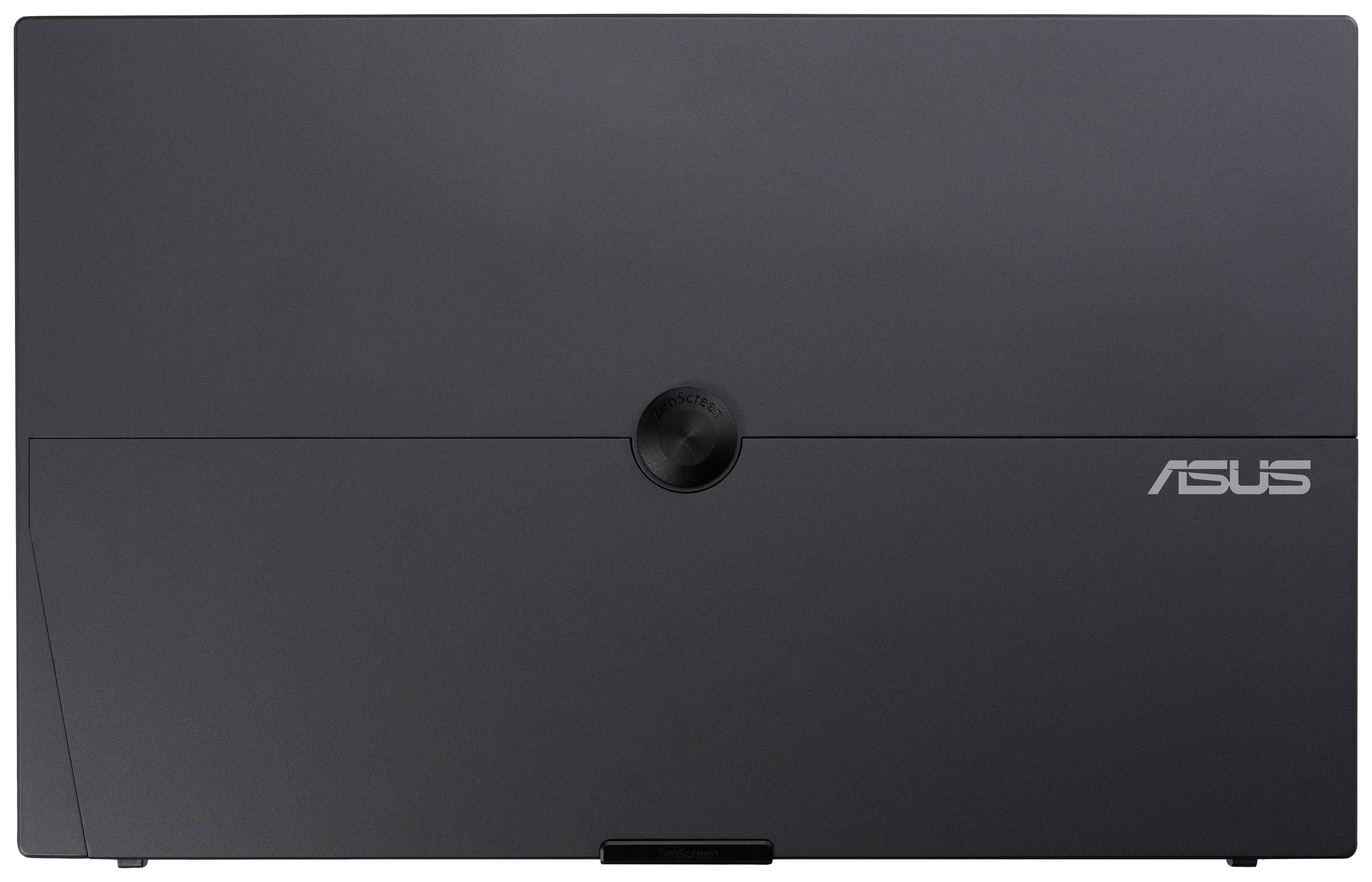 Zwarte ASUS-laptop van voren, gesloten, met centraal scharnier en ASUS-logo rechtsonder.