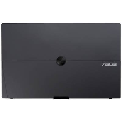 Zwarte ASUS-laptop van voren, gesloten, met centraal scharnier en ASUS-logo rechtsonder.