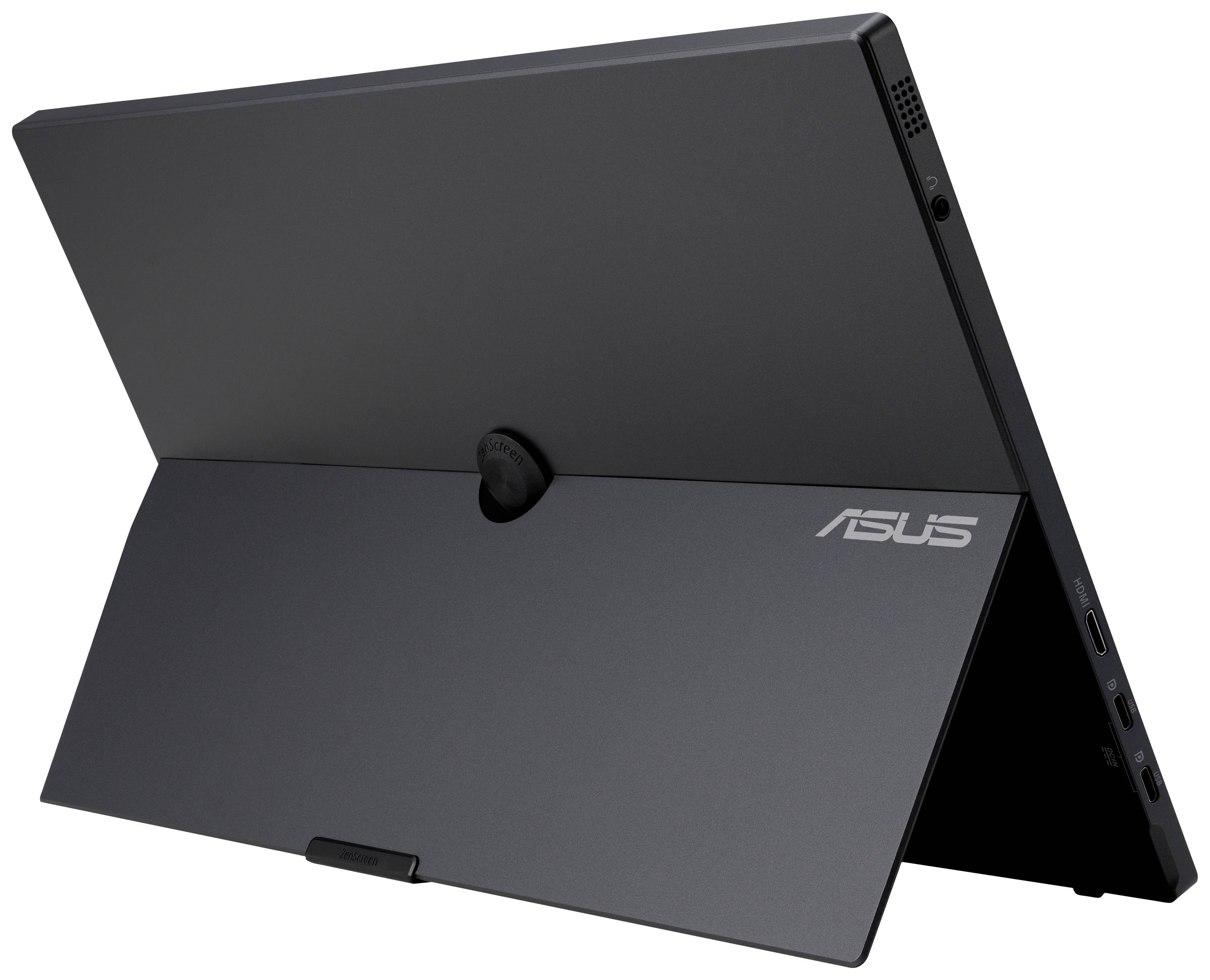 Een zwarte Asus-laptop staat in tabletmodus met uitgeklapte standaard op een tafel. Het Asus-logo is zichtbaar aan de achterkant.