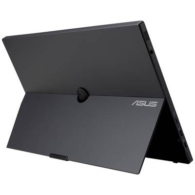 Een zwarte Asus-laptop staat in tabletmodus met uitgeklapte standaard op een tafel. Het Asus-logo is zichtbaar aan de achterkant.