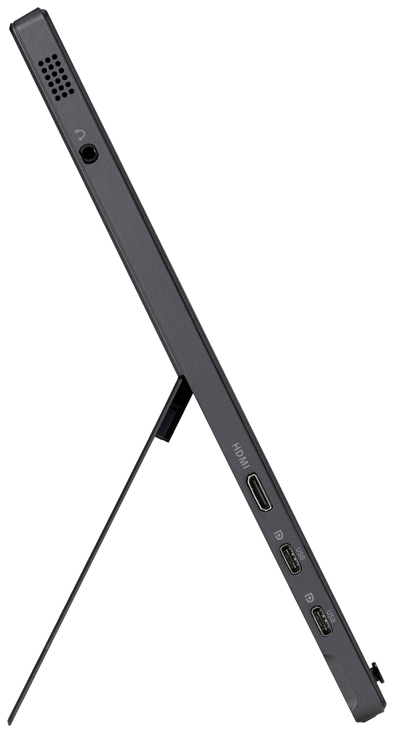 Zijaanzicht van een draagbare monitor met geïntegreerde standaard. HDMI- en USB-C-poorten zijn zichtbaar, evenals een luidspreker.