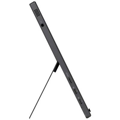 Zijaanzicht van een draagbare monitor met geïntegreerde standaard. HDMI- en USB-C-poorten zijn zichtbaar, evenals een luidspreker.