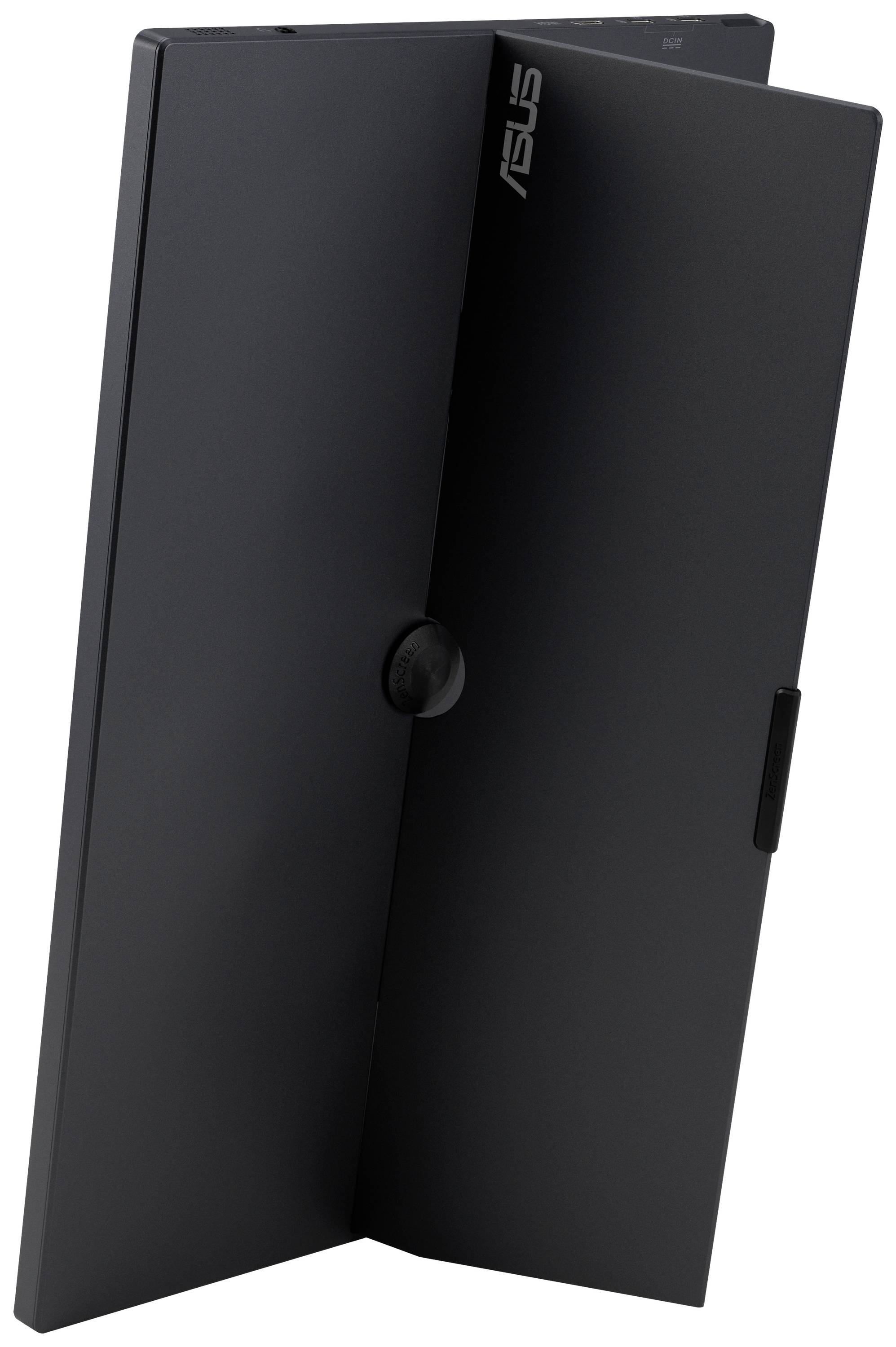 Draagbare zwarte ASUS-monitor met slanke vormgeving, geschikt als tweede scherm of voor mobiele presentaties.