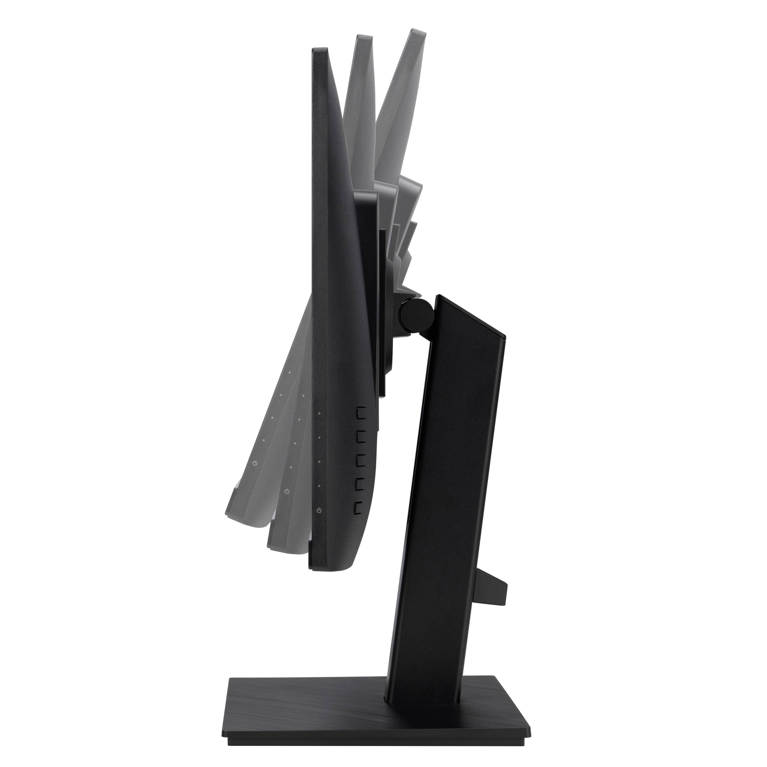 Zijaanzicht van een monitor die zijn kantelhoek laat zien. De monitor is zwart en heeft een verstelbare standaard.