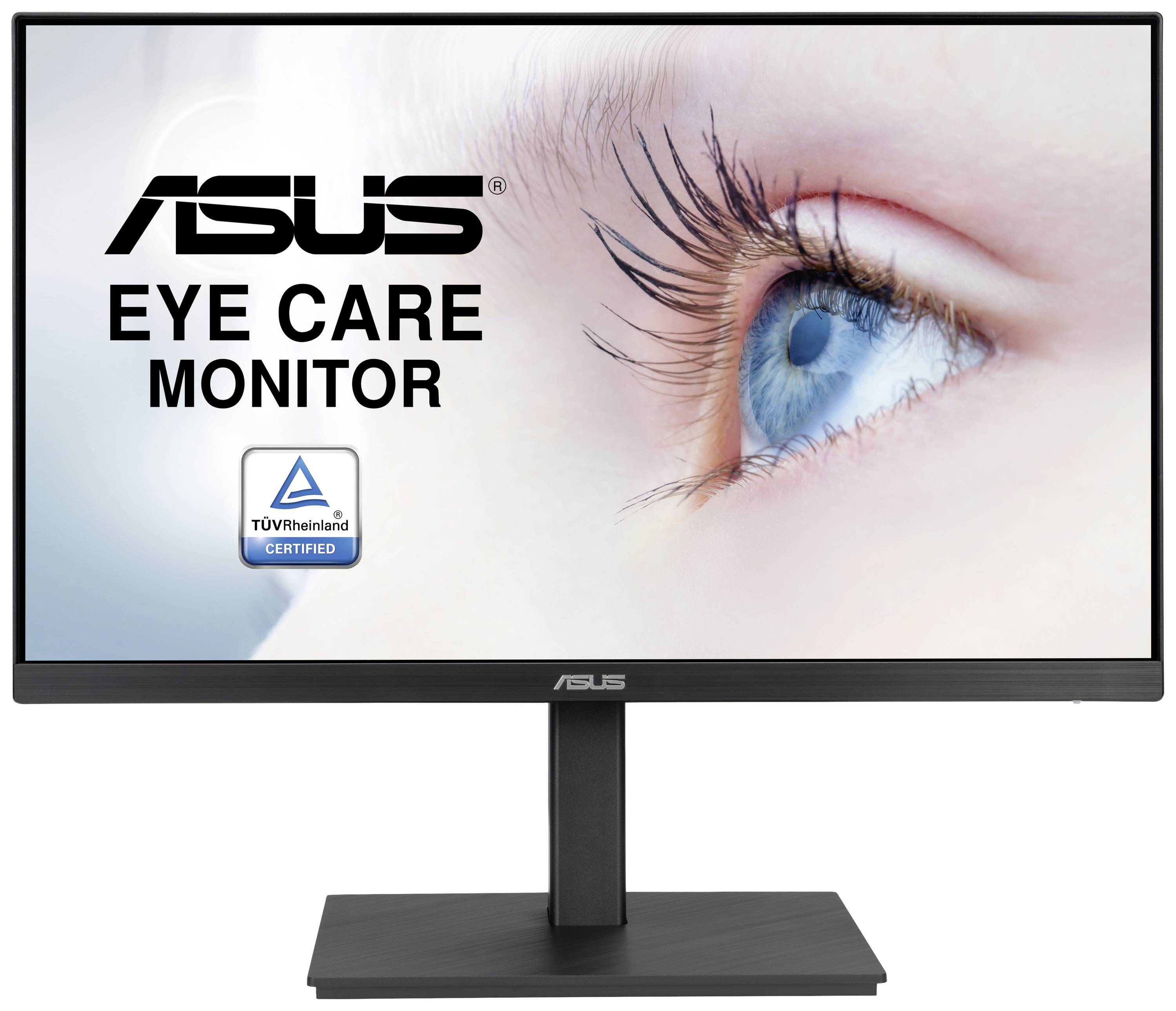 Een ASUS Eye Care Monitor toont een blauw oog. De monitor is gecertificeerd door TÜV Rheinland.