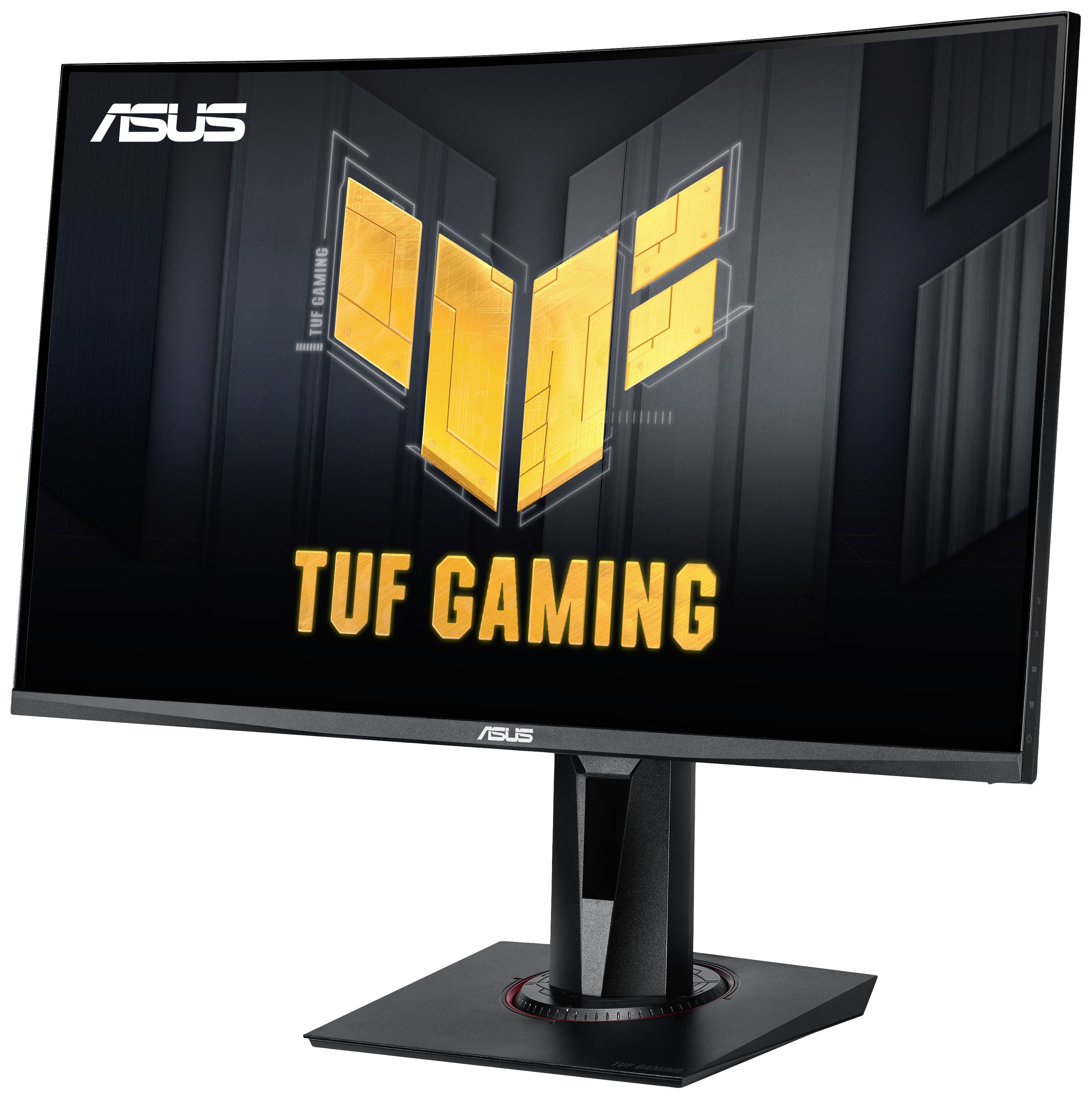 Gaming-monitor van ASUS met de tekst 'TUF GAMING' op het scherm, zwarte rand, geschikt voor intensieve gameomgevingen.