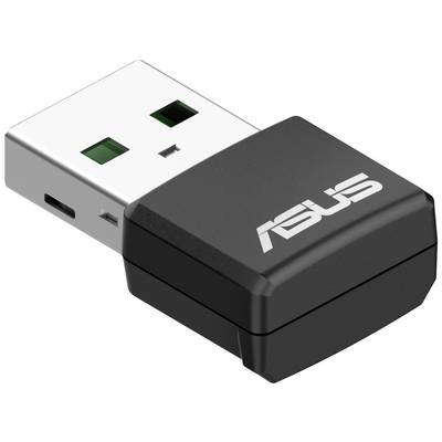 Een kleine, zwarte USB-dongle met 'ASUS'-logo, die wordt gebruikt voor draadloze verbindingen, steekt uit een wit behuizing.