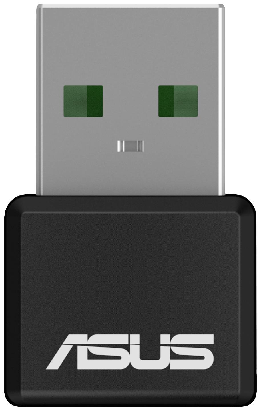 Een zwarte, rechthoekige USB-WLAN-adapter met 'ASUS'-logo, klaar om te worden aangesloten op een computer voor draadloze internetverbinding.