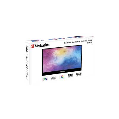 Draagbare 14-inch monitor van Verbatim met Full HD 1080p. Verpakking toont monitorscherm met kleurrijke achtergrond.