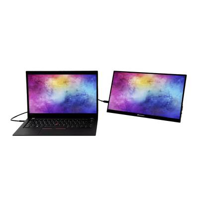 Een laptop en een tweede monitor naast elkaar, beide tonen een kleurrijke, abstracte achtergrond. De monitor is via een kabel verbonden.