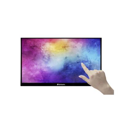 Een kleurrijke scherm met roze, gele en blauwe wolkenpatronen is afgebeeld. Een hand wijst naar het scherm.