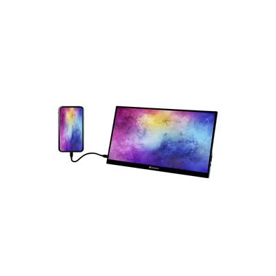 Een smartphone is via een kabel verbonden met een draagbare monitor. Beide schermen tonen een kleurrijk, abstract patroon.