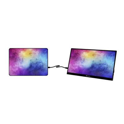 Twee draagbare monitors met een kleurrijke abstracte achtergrond, verbonden door een kabel. Ze vertonen identieke felle kleuren.