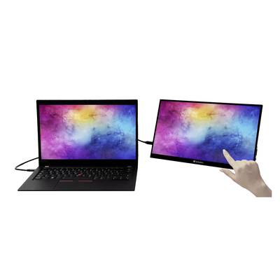 Twee laptops zijn met elkaar verbonden. De linker laptop toont een kleurrijke weergave, terwijl rechts een hand het scherm aanraakt.