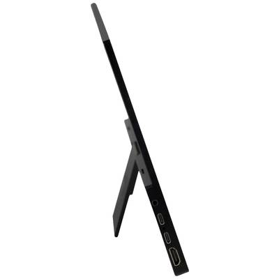 Zijaanzicht van een tablet met standaard en meerdere aansluitingsmogelijkheden.