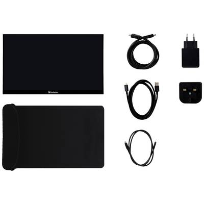 Draagbare display-set met scherm, voedingsadapter, USB-kabels en beschermhoes, geschikt voor mobiel gebruik of presentaties.