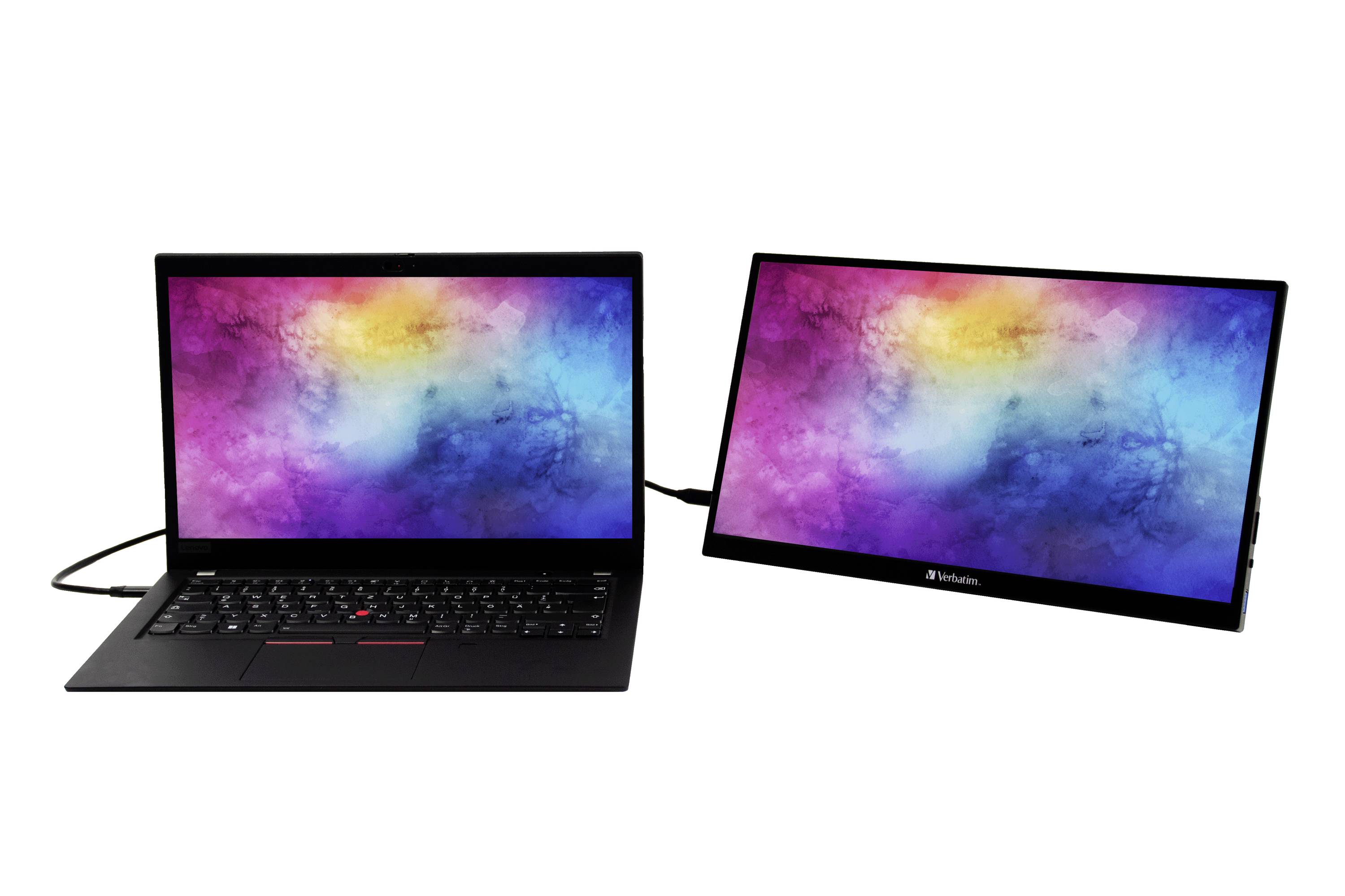 Twee laptops met kleurrijke achtergronden op de displays; de ene toont het scherm in staande modus, de andere in liggende modus.