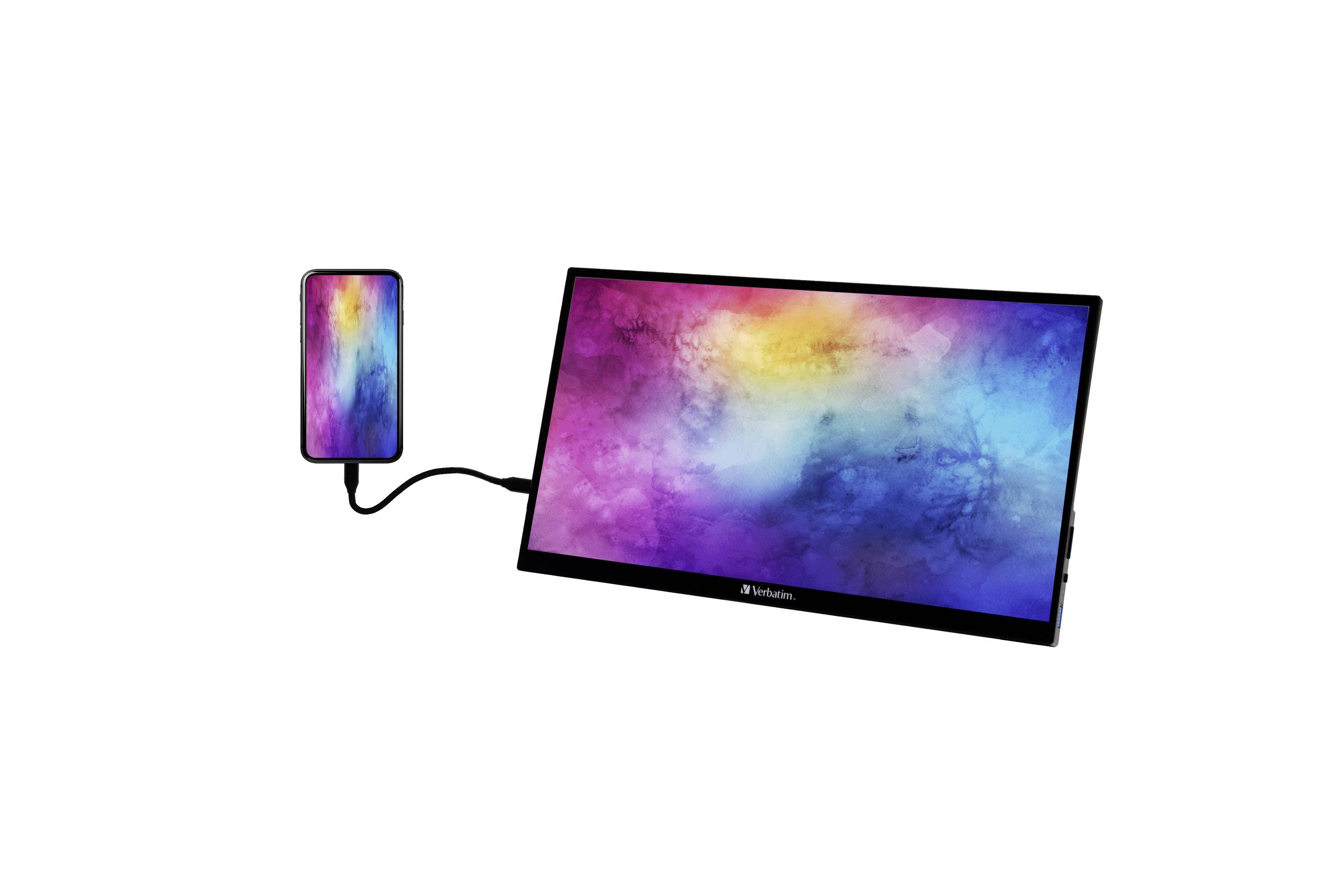 Smartphone, verbonden met een groot, kleurrijk scherm. Beide apparaten tonen een kleurrijk, abstract patroon.