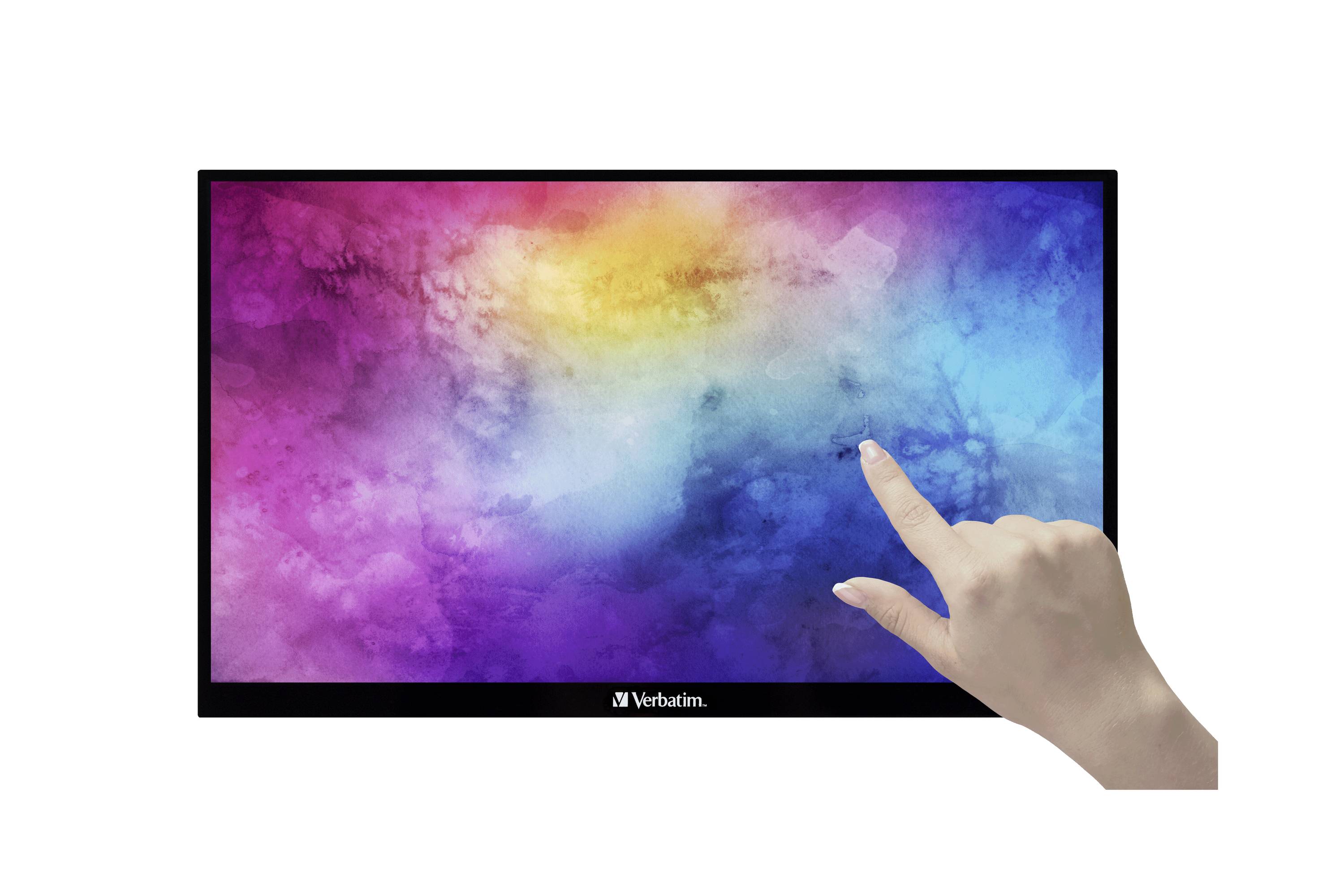 Een hand raakt het scherm van een platte monitor aan, die een kleurrijk, abstract patroon vertoont.