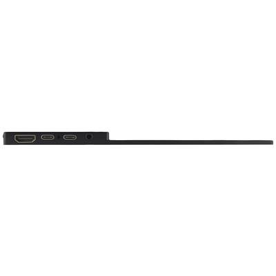 'Zijaanzicht van een zwarte laptop met HDMI-, USB-C- en USB-poorten.'