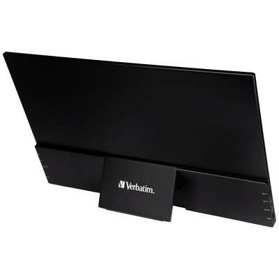 De Verbatim-flatscreen, gezien van achteren, toont het slanke ontwerp en het logo op de centrale bevestigingseenheid.