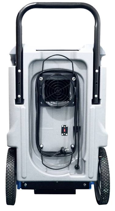 Ontvochtigingsapparaat met grote wielen en zwarte handgreep. Zwart snoer en ventilator aan de achterkant zichtbaar.