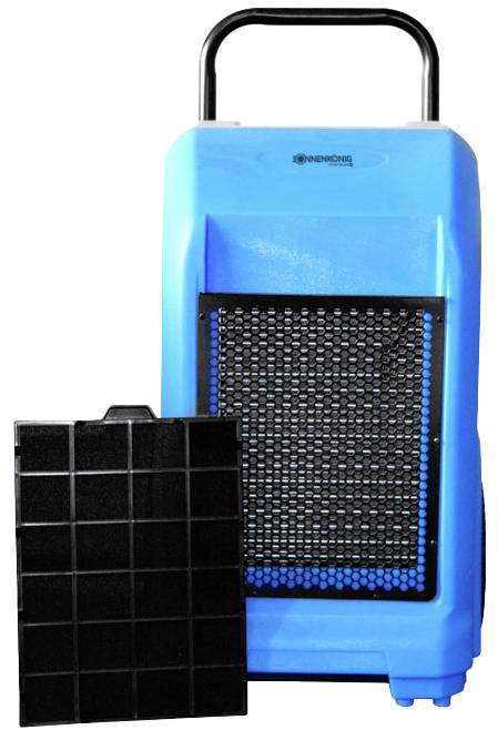 Een blauwe luchtontvochtiger met een uitneembaar zwart filter dat aan de voorkant wordt weergegeven. Het apparaat heeft twee zwarte handgrepen bovenaan.