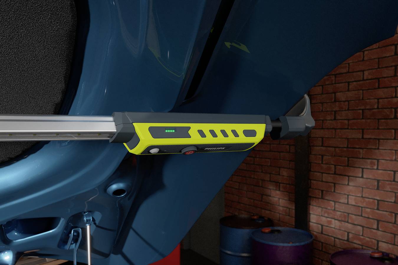 Elektrisch gereedschap bevestigd aan een blauwe autodeur, omgeven door rode bakstenen muren en twee blauwe vaten op de achtergrond.