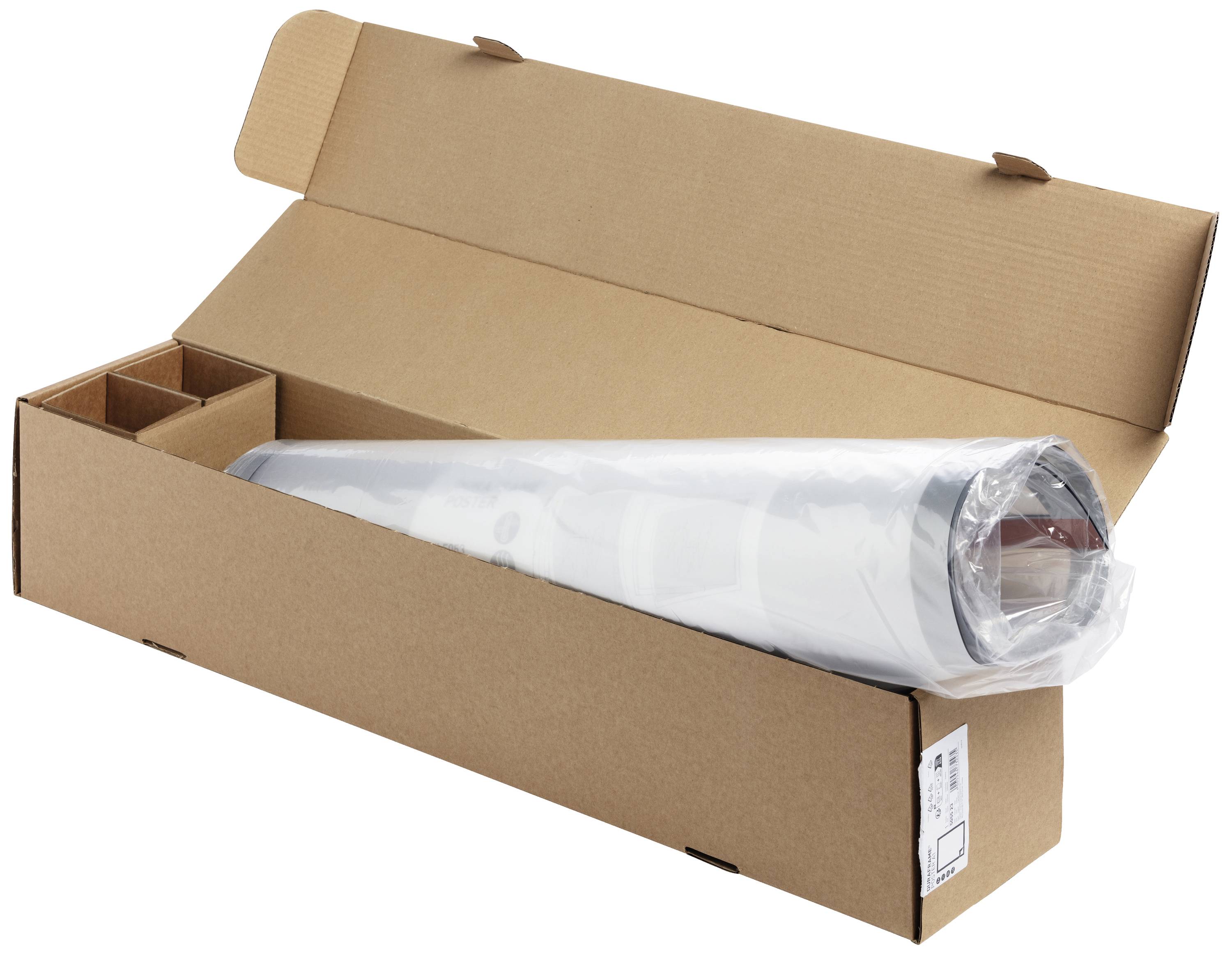 Geopende bruine doos met een in plastic verpakte rol. De doos heeft vakken, waarschijnlijk voor toebehoren.