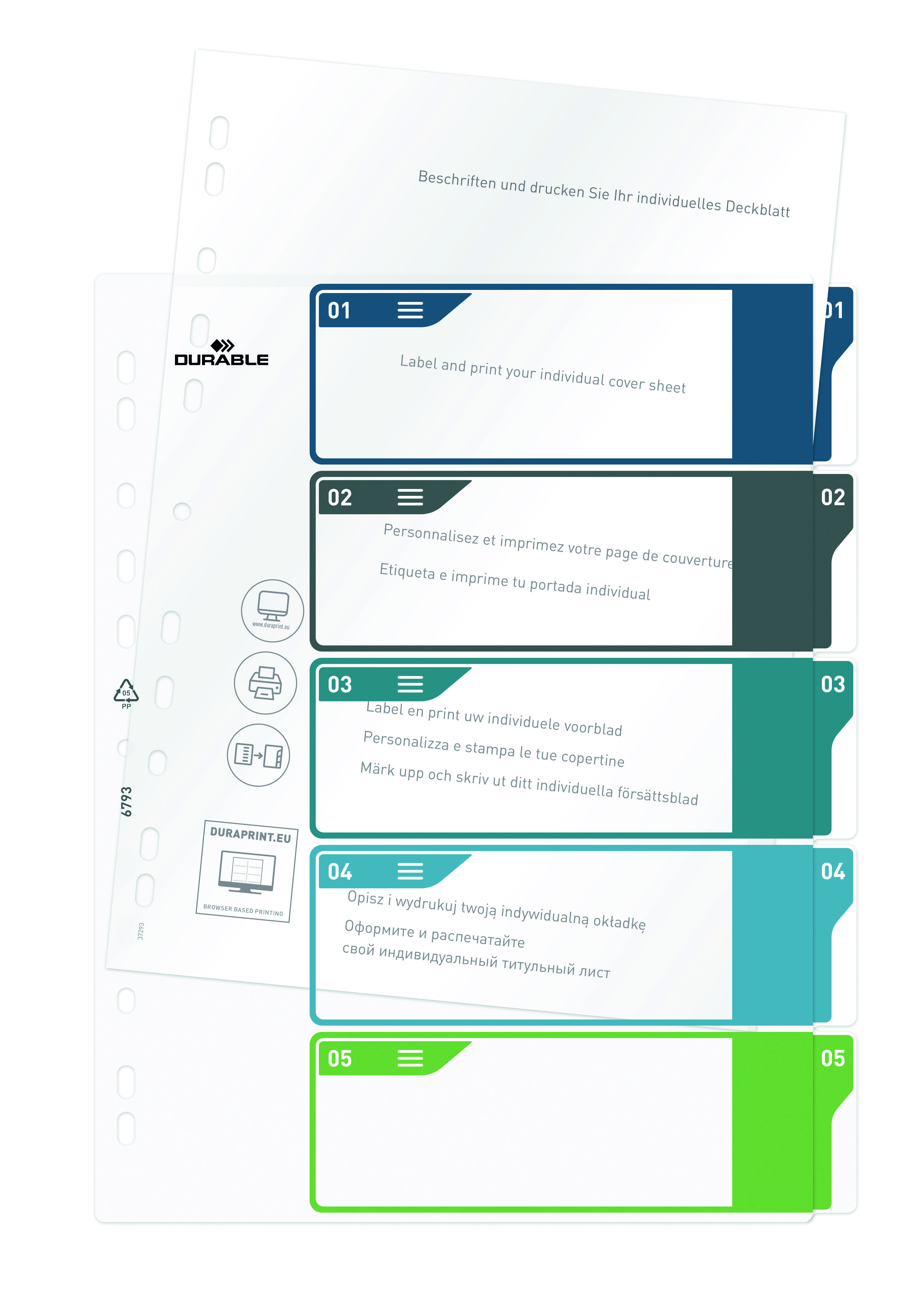 Een set registerbladen in verschillende kleuren, genummerd van 01 tot 05, voor het personaliseren van individuele omslagen.