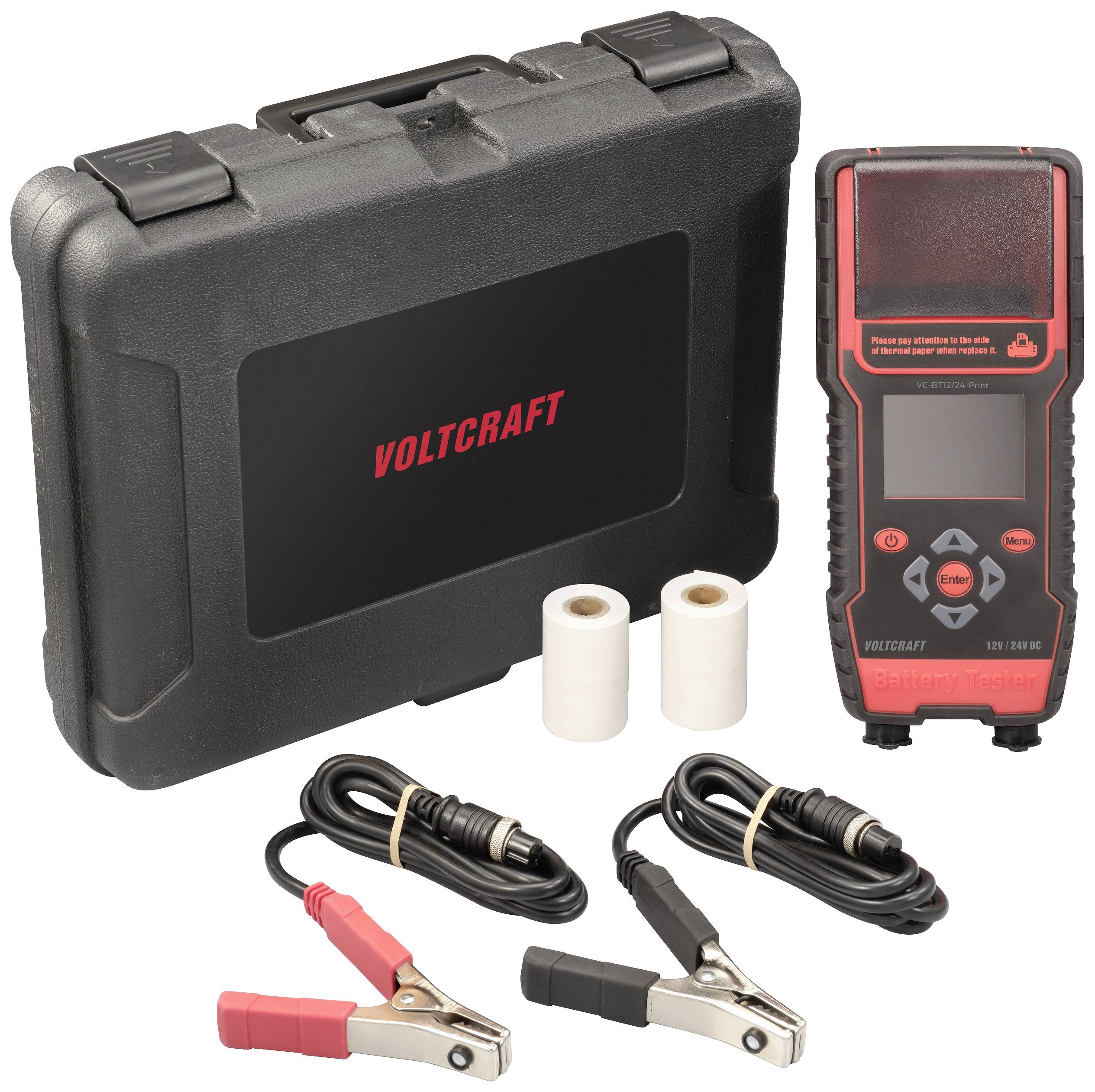 Batterij-testset met digitaal meetapparaat, koffer, twee papierrollen en kabels met klemmen voor voertuigdiagnose.