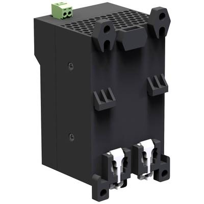 Zwart elektronisch apparaat met ventilatiesleuven bovenaan en aansluitingen onderaan, geschikt voor gebruik in elektrische schakelkasten.