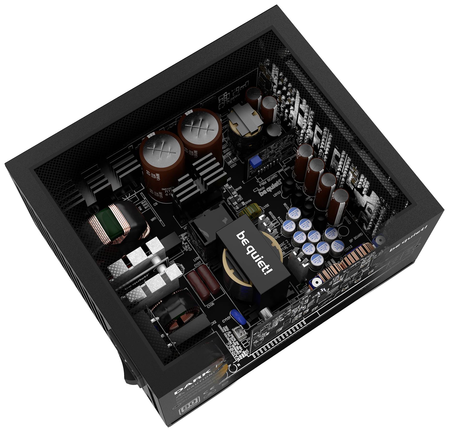 Voeding met elektronische componenten en koeler. Gemarkeerd met 'be quiet!'.