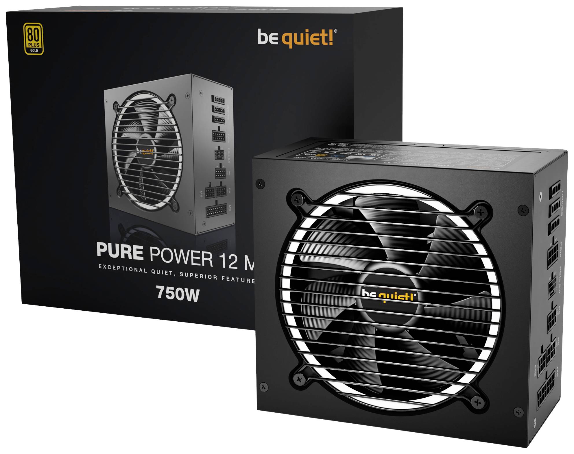 Voedingseenheid 'be quiet! PURE POWER 12 M' met 750W, zwarte behuizing, ventilator duidelijk zichtbaar, verpakking op de achtergrond.